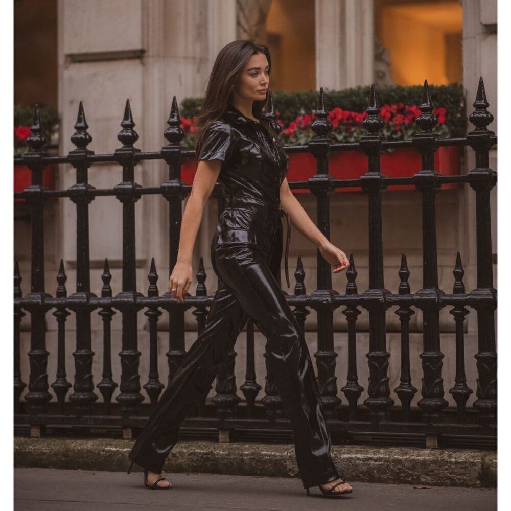 NWT Eleanor Balfour black faux patent leather collared relaxed fit Eva jumpsuit